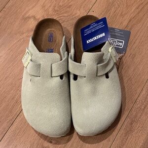 Birkenstock Suede Clogs in Seafoam green color